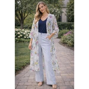 Torrid Cardigan Womens 1X or 2X White Floral Swiss Dot Kimono Sheer Flowy Boho